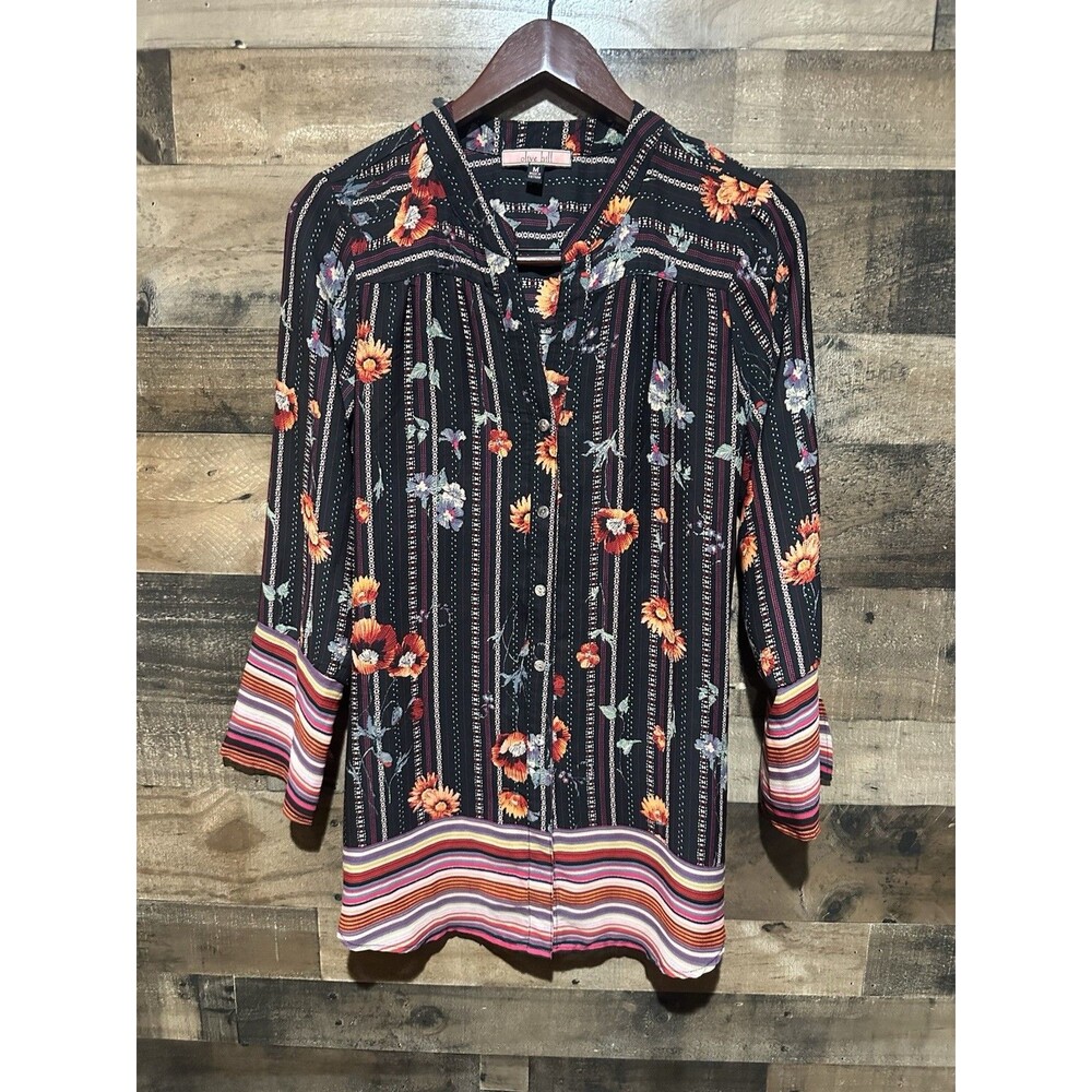 Olive Hill Womens Blouse Floral Stripe Black Medium